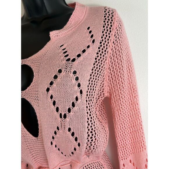 Vintage Pink Crocheted Dress Bell Sleeves Drawstring Waist One Size - Picture 5 of 5